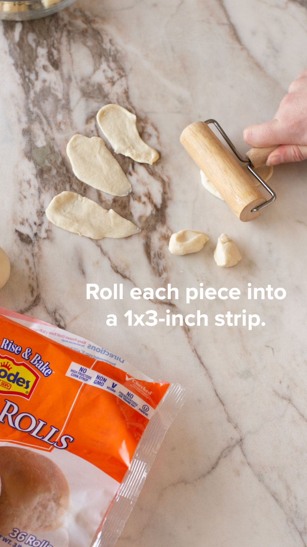 Roll 6 pieces into 1x3-inch strips.