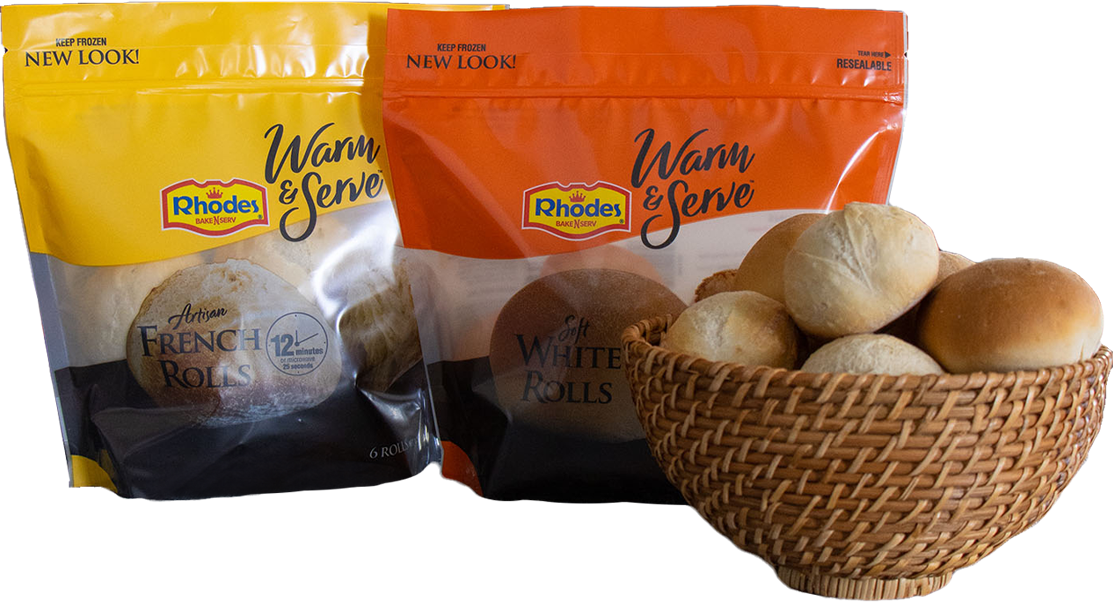 Warm & Serve packages with a basket of rolls.