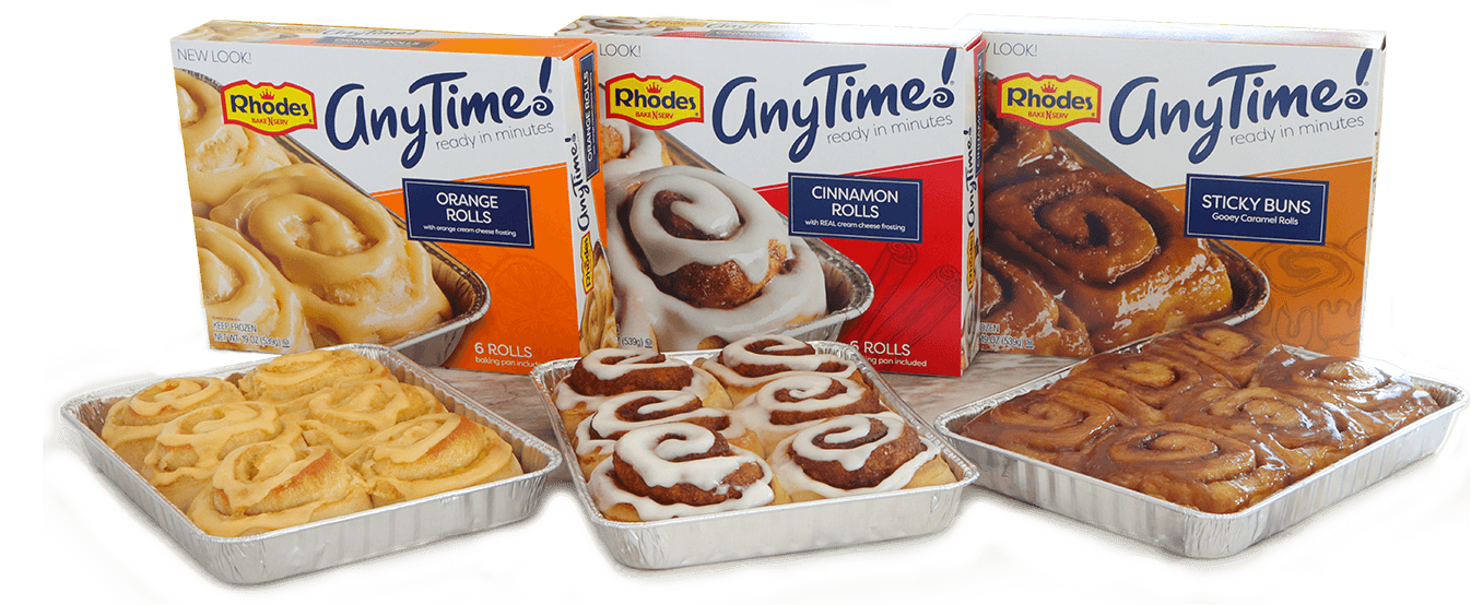 Rhodes AnyTime! Rolls packages with baked rolls in front.