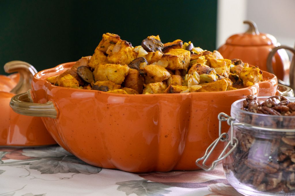 Did your pumpkin not turn into a carriage? No worries, make this Pumpkin Stuffing to dress your fall dinner table and you won't be sad about missing the ball. Candied pecans will be the delicious finishing touch; fairy godmother not required.